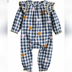 Mud Pie Embroidery Navy Plaid Jumpsuit 6-9 months